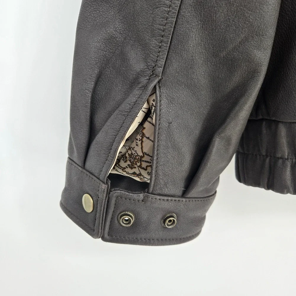 GIII G3 Mens L Brown Bomber Flight Jacket Full Zip Pockets Cool Classic Map‎